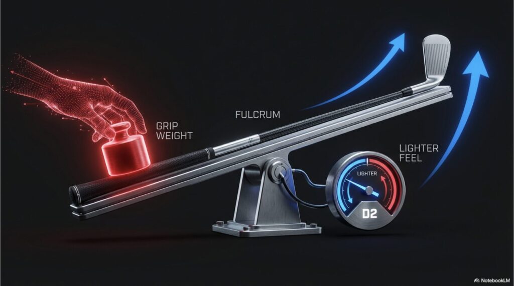 グリップ重量や手元の鉛によるカウンターバランスがスイングウェイト（D2など）に与える影響の図解