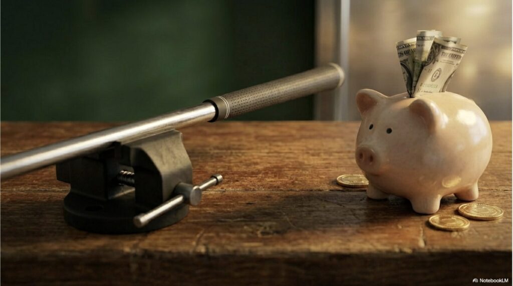 自分でグリップ交換を行った場合の費用節約効果を示すイメージ。工具と貯金箱。