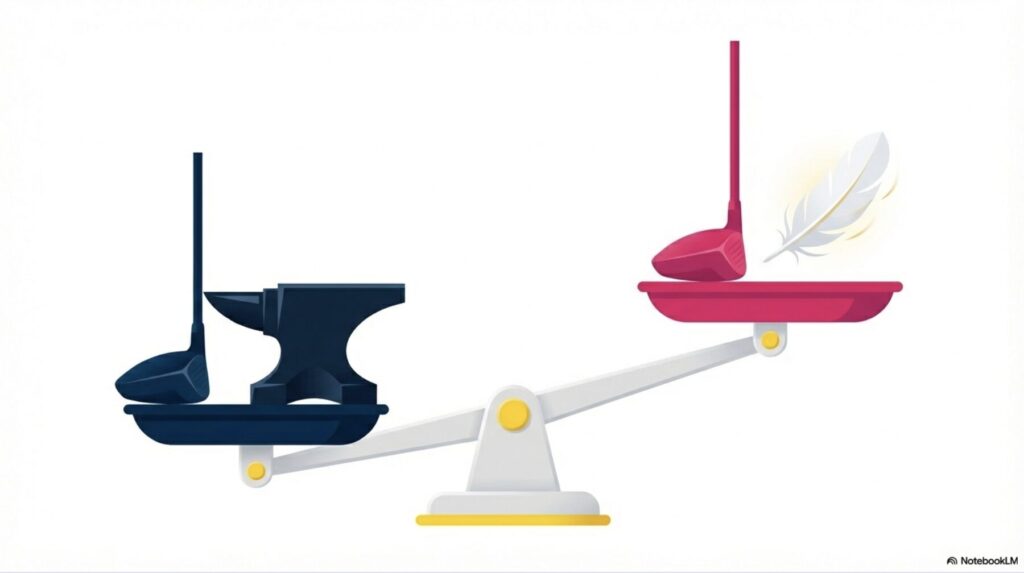 メンズドライバーとレディースドライバーの長さを比較し、レディースが短く軽量であることを示す図