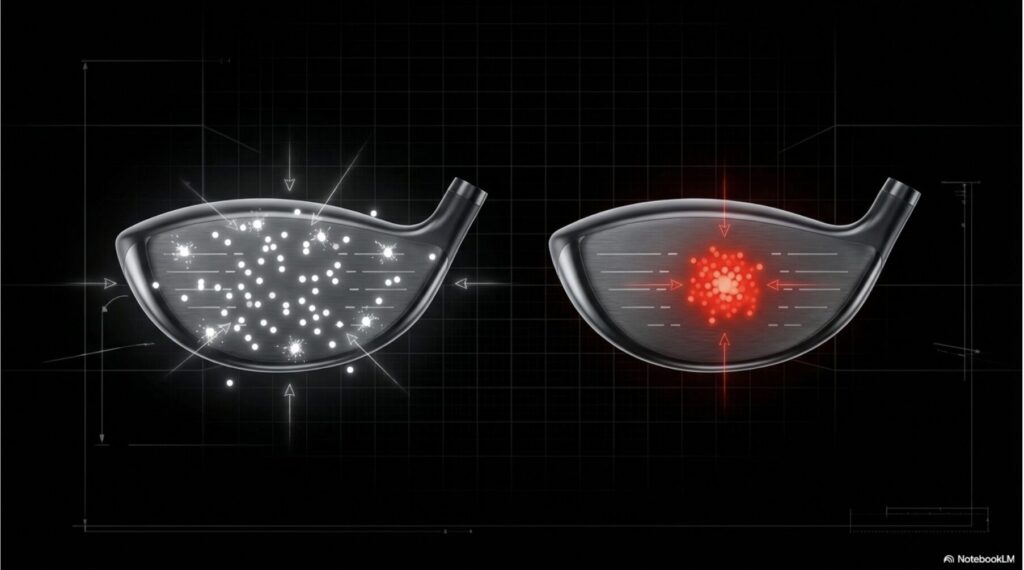 長すぎるクラブによる打点のばらつきと、適正な長さで芯（スイートスポット）で捉えた際の比較図