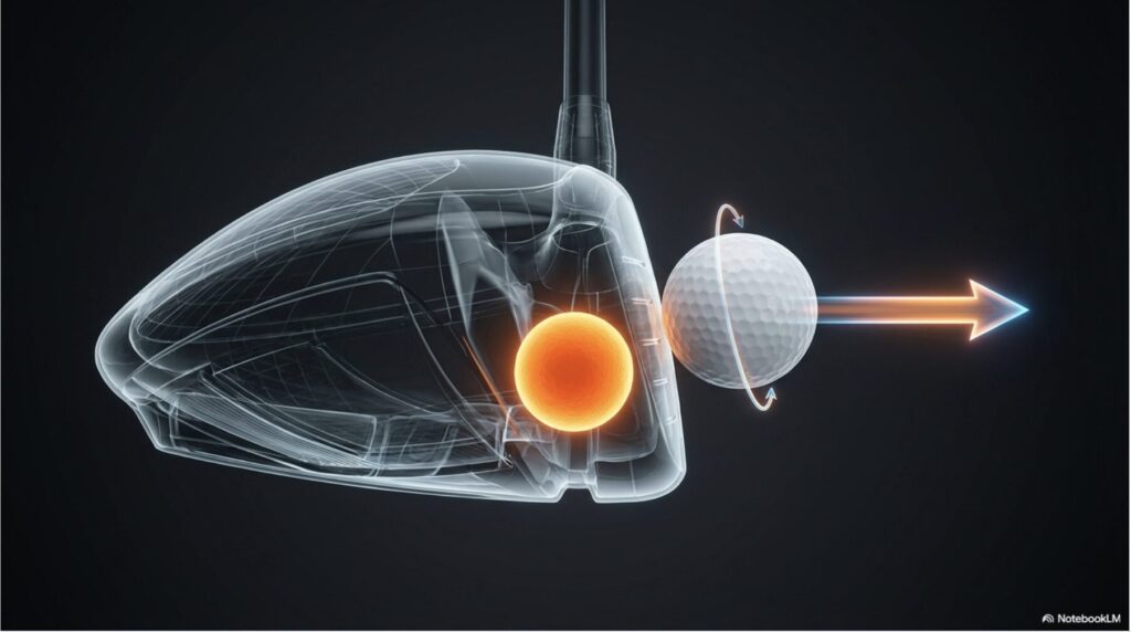 グローレFドライバーのヘッド内部構造図。低・前重心設計によりインパクト時のバックスピンを抑制し、強い棒球を生み出す様子