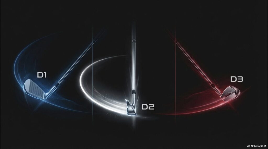 ゴルフクラブのバランスであるD1、D2、D3の違いと、スイング中の重さの感覚を示す図解