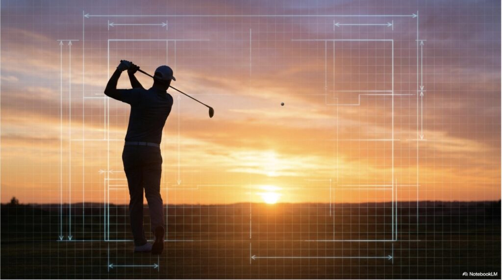 自身の身体計測データに基づいて最適化されたゴルフクラブでスイングするゴルファーのシルエット