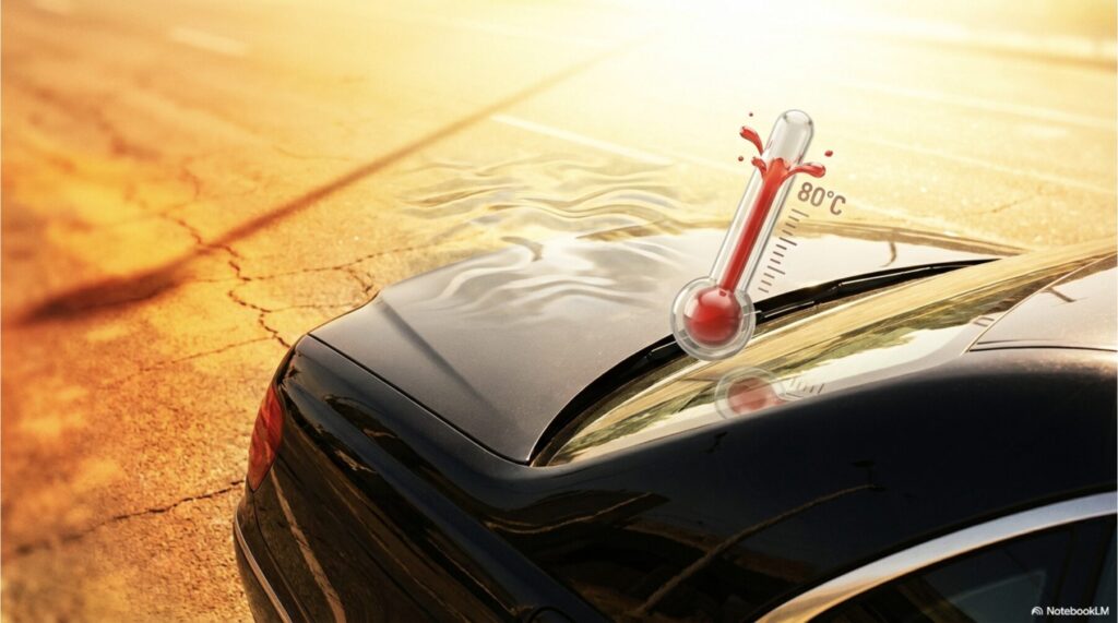 真夏の車内温度が80℃に達し、ゴルフクラブの素材が劣化する危険性を示すスライド。