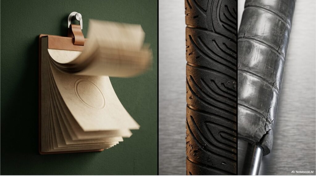 新品のグリップと劣化したグリップの表面テクスチャ比較。テカリやひび割れの確認用画像。