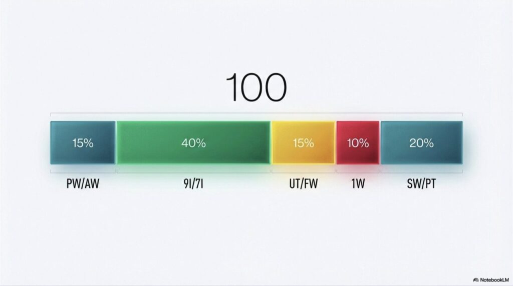 100球打つ場合の各クラブ（ウェッジ、アイアン、ドライバー、パター）の推奨球数配分を示したグラフ