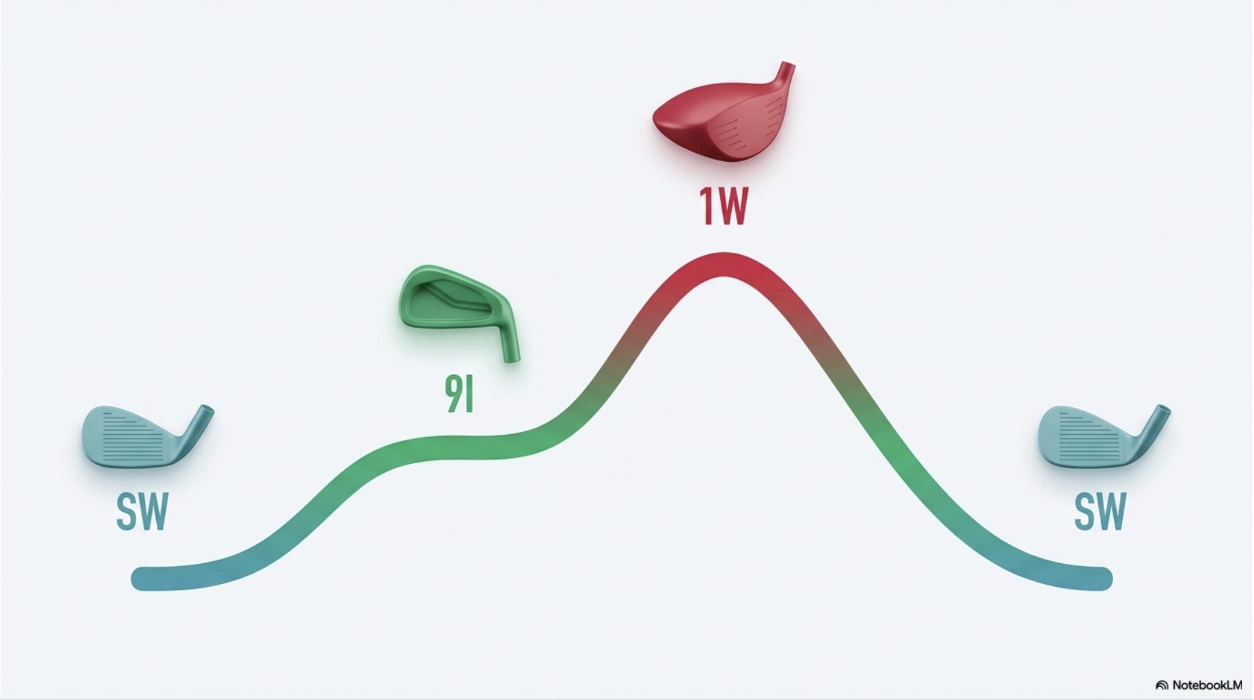 ウェッジから始まりアイアン、ドライバーを経て再びウェッジに戻るゴルフ練習の推奨順序を示したサイクル図解