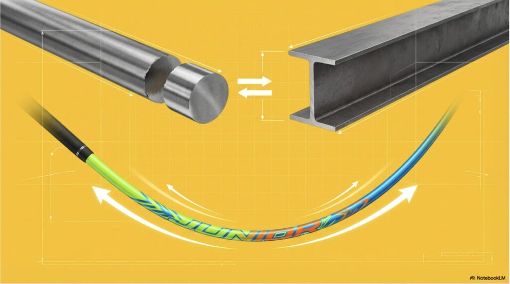 重くて硬いスチールシャフトの特性と、しなりを活かして飛ばす軽量シャフトのイメージ図