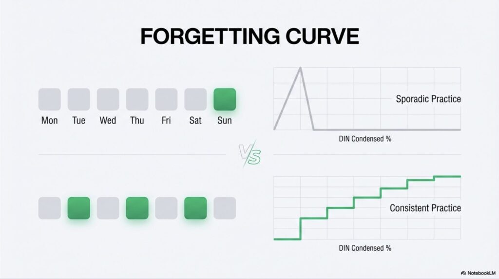 週1回の散発的な練習と週3回の継続的な練習におけるスキル定着率の違いを示した忘却曲線の比較グラフ