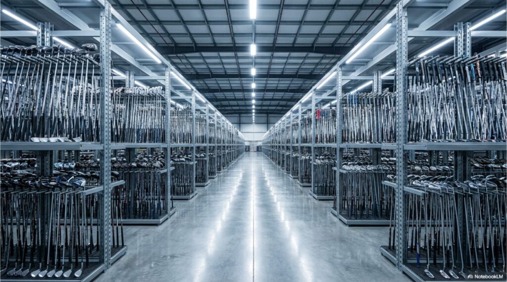 膨大な数のゴルフクラブが整然と管理されている中古ゴルフ専門店の巨大な在庫倉庫の様子。