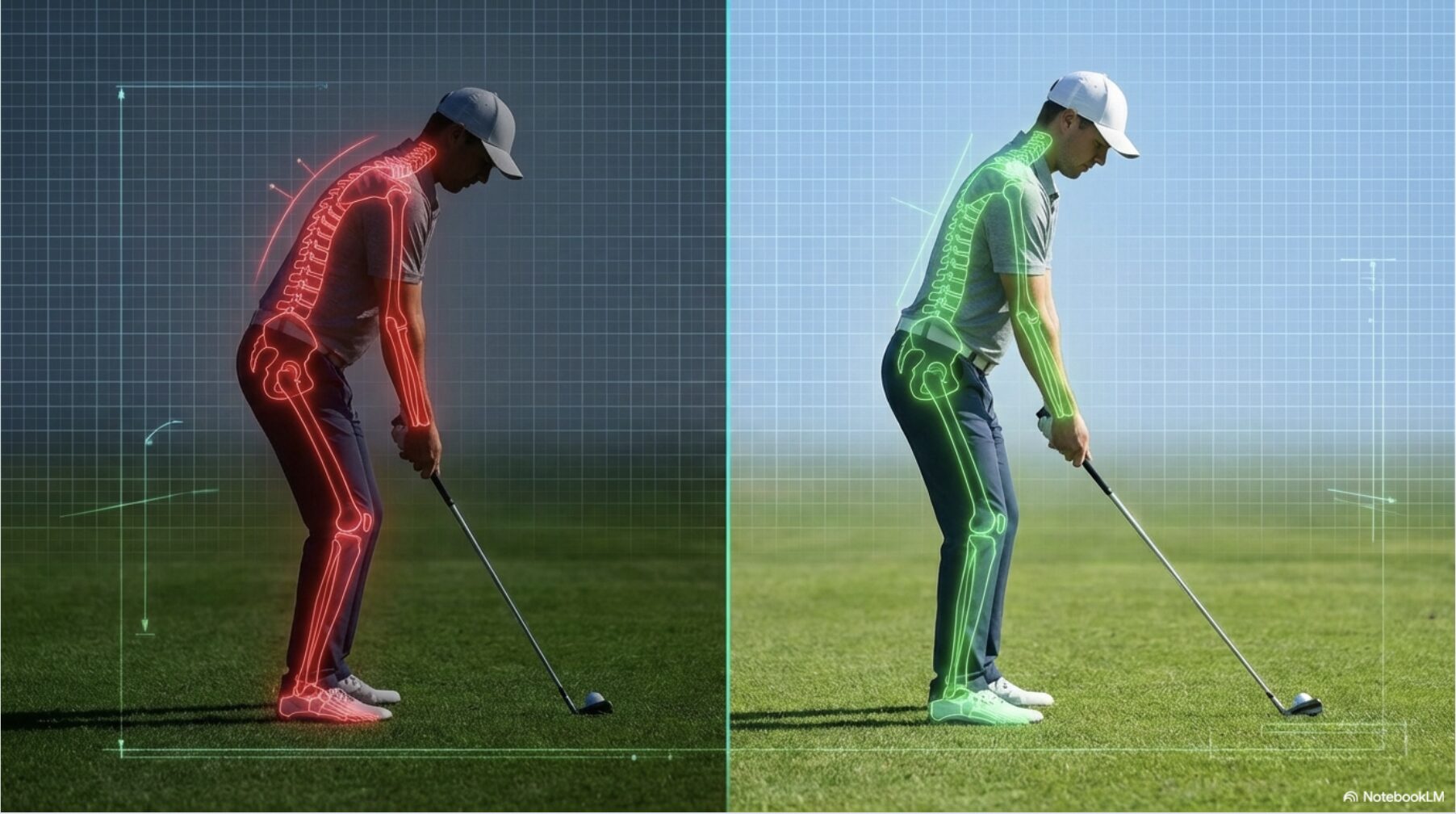 短すぎるアイアンによる負担の大きい姿勢（赤）と適正な長さによる自然なアドレス姿勢（緑）の比較
