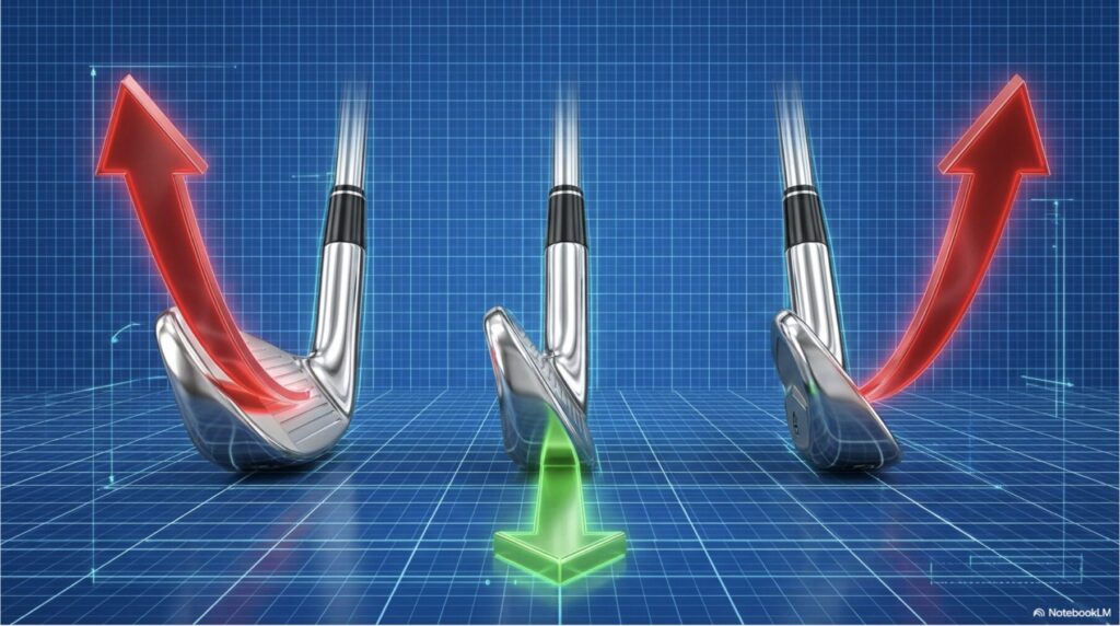 ライ角がアップライト・フラットな場合にボールの打ち出し方向が左右にブレる仕組みの図解