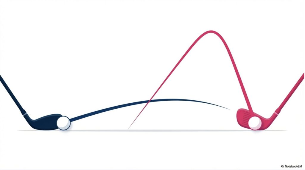 ロフト角が大きいレディースクラブが高い打ち出し角でキャリーを伸ばす弾道イメージ図