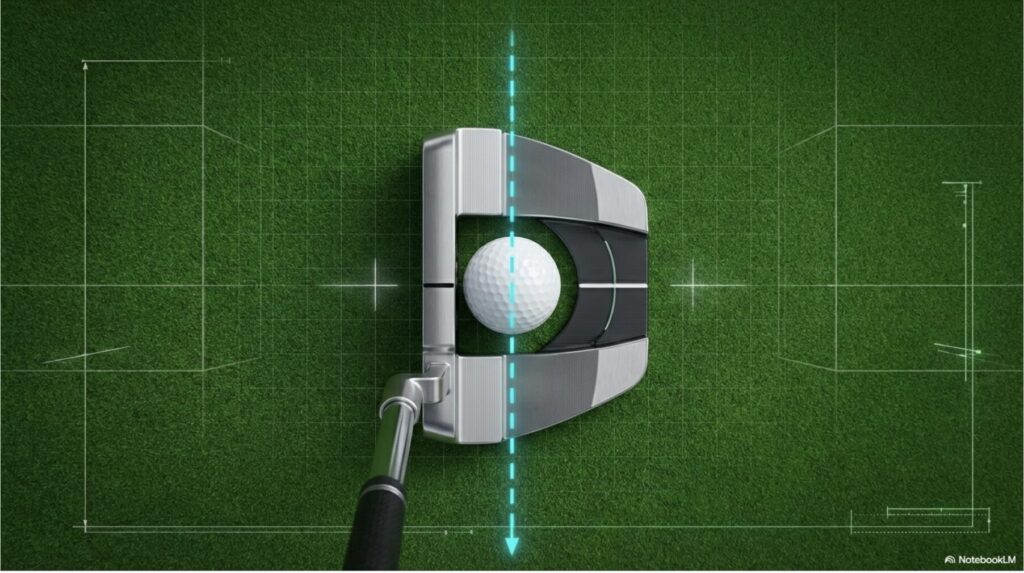 パターを構えた際にボールの真上に目の位置とターゲットラインが重なる正しいセットアップ状態