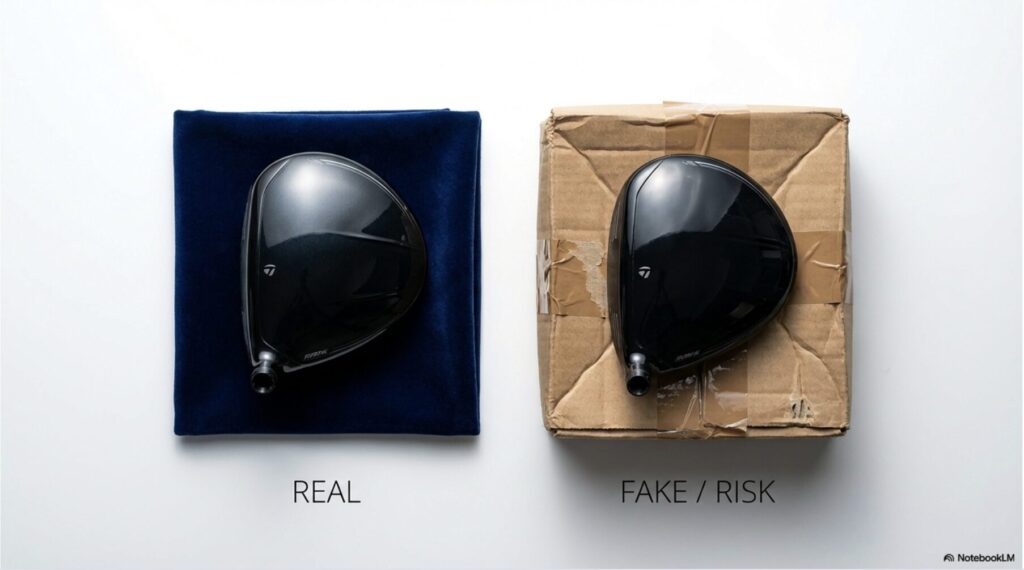 本物（REAL）と偽物（FAKE/RISK）のゴルフクラブを見分けるためのチェックポイントを示したスライド。