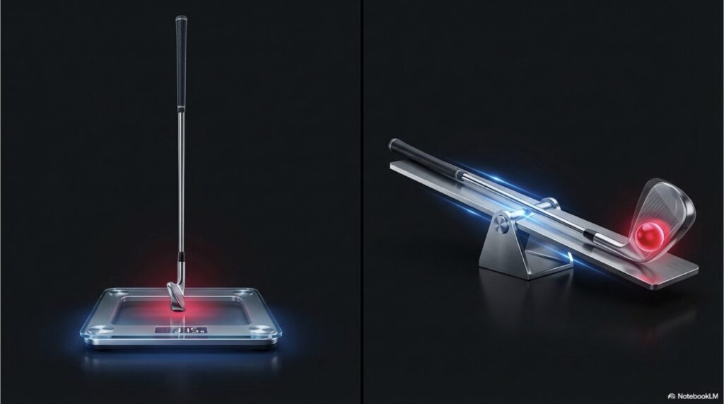 クラブ全体の重さ（総重量）とスイング中に感じるヘッドの重さ（バランス）の違いを比較した図