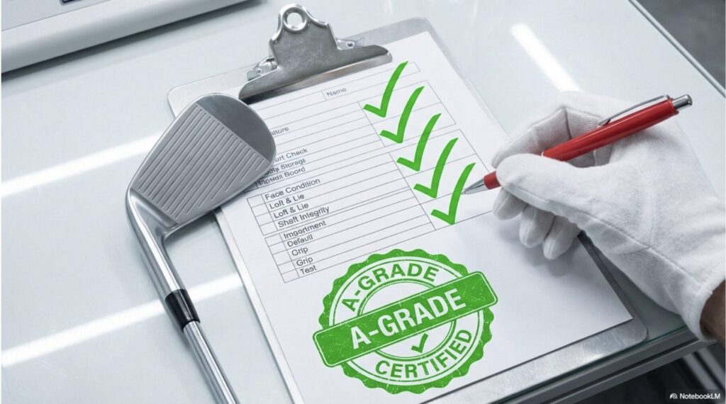 フェースの状態、ロフト角・ライ角、シャフトの整合性、グリップの劣化など、プロによる詳細な査定項目を示したスライド。