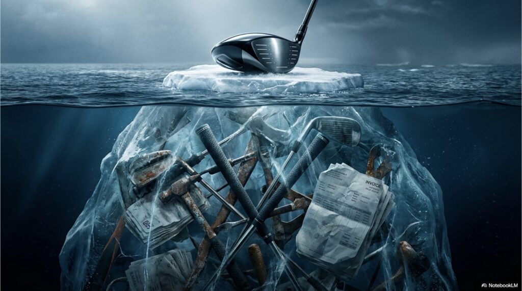 氷山の一角としての中古価格の下に、修理費や交換費などの大きな隠れたコスト（INVOICE）が沈んでいるイメージ図。