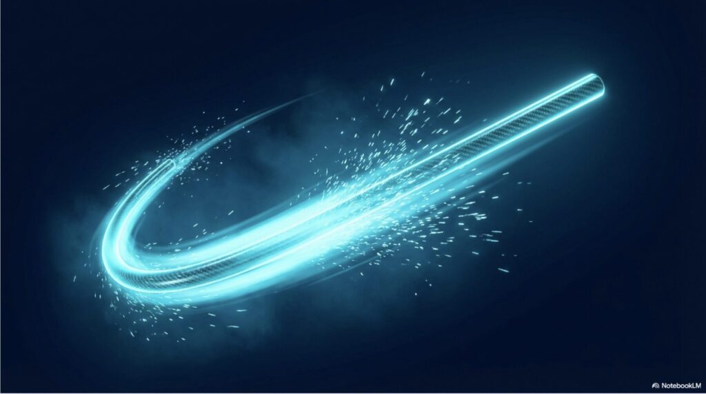 青い光を放ちながら大きくしなるゴルフクラブシャフトのイメージ。高弾性カーボンによるエネルギー増幅を表現。