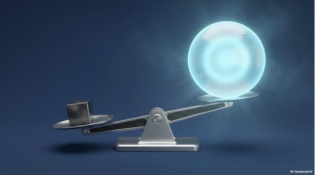 天秤の上で安定する光る球体。ヨネックスの技術がボールのスピン軸を安定させ、曲がりを抑制することを象徴する概念図。