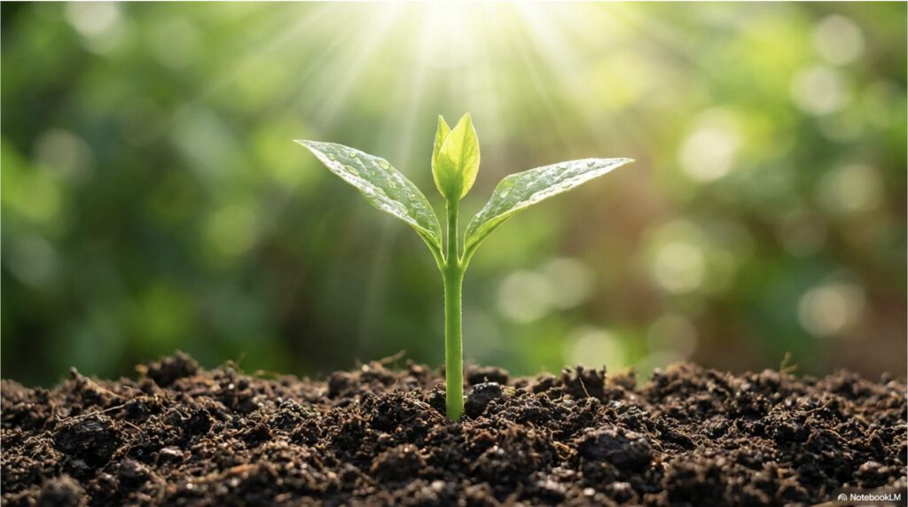 柔らかな光の中で芽吹く若葉。ジュニア専用設計のクラブが子供たちの正しいスイング形成をサポートすることを象徴するイメージ。